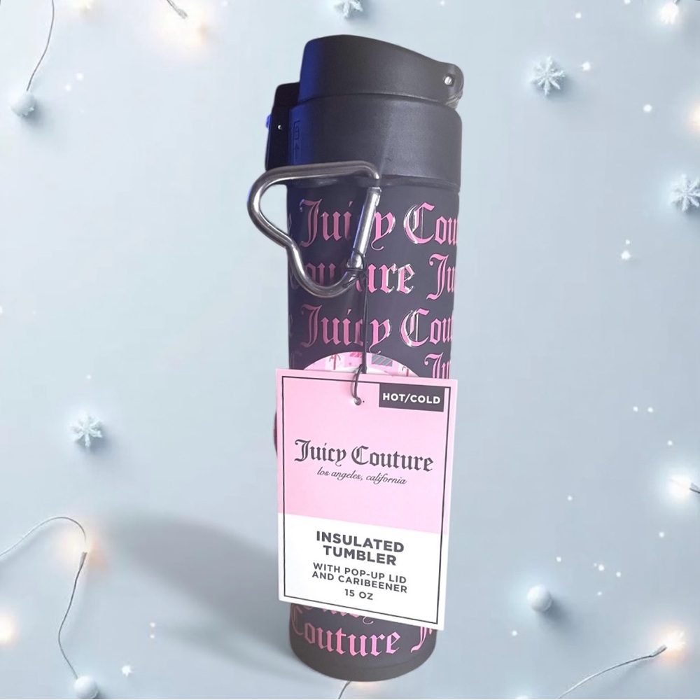 Juicy Couture 15 oz Tumbler Water Bottle Black Pink Insulated Hot Cold NEW NWT